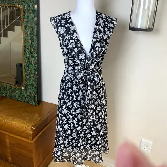 Vintage Size 12 Women's Floral Print Ruffle Dress Black White Tie Waist - Picture 2 of 16
